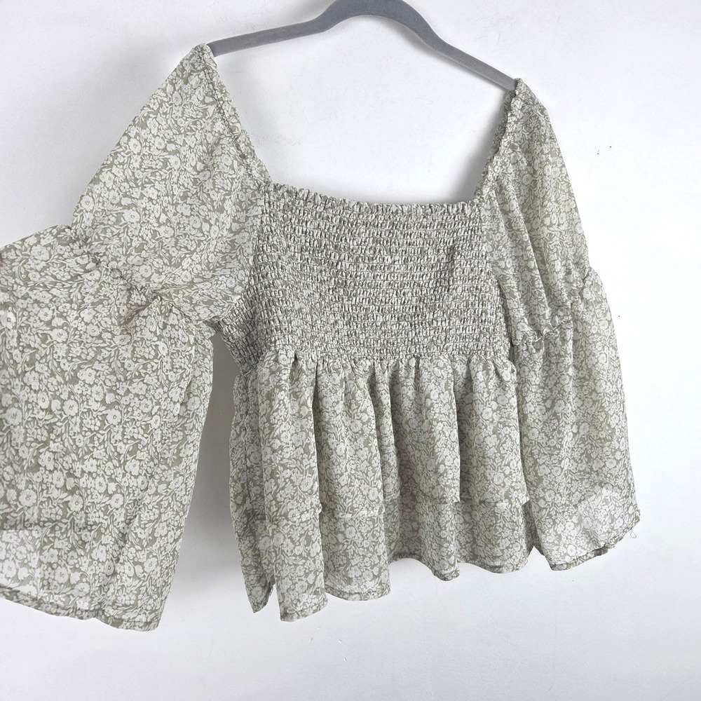 Sage Green Floral Smocked Tiered Peplum Top XL Bell Sleeve Coquette Prairie Boho